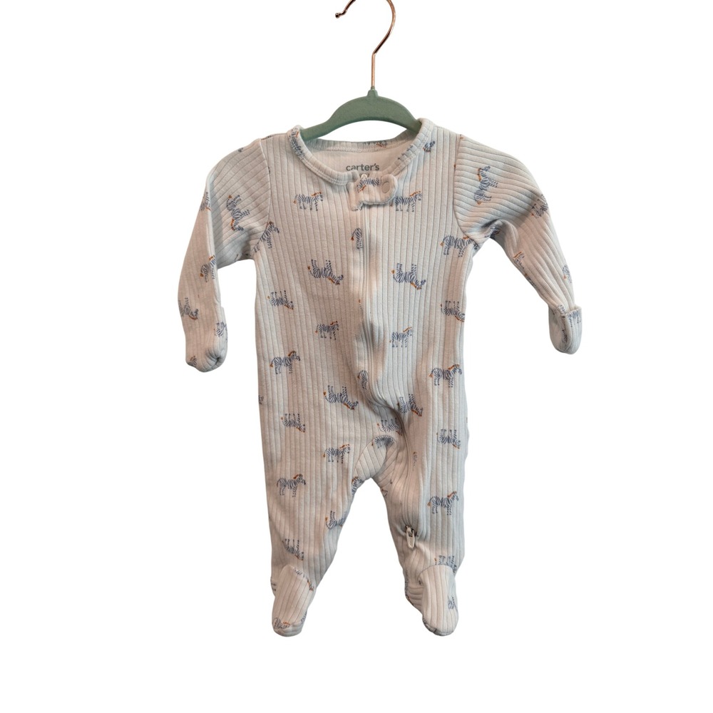 Carters Just One You Newborn Zebra Ribbed Zip Up Footed Sleeper White Blue